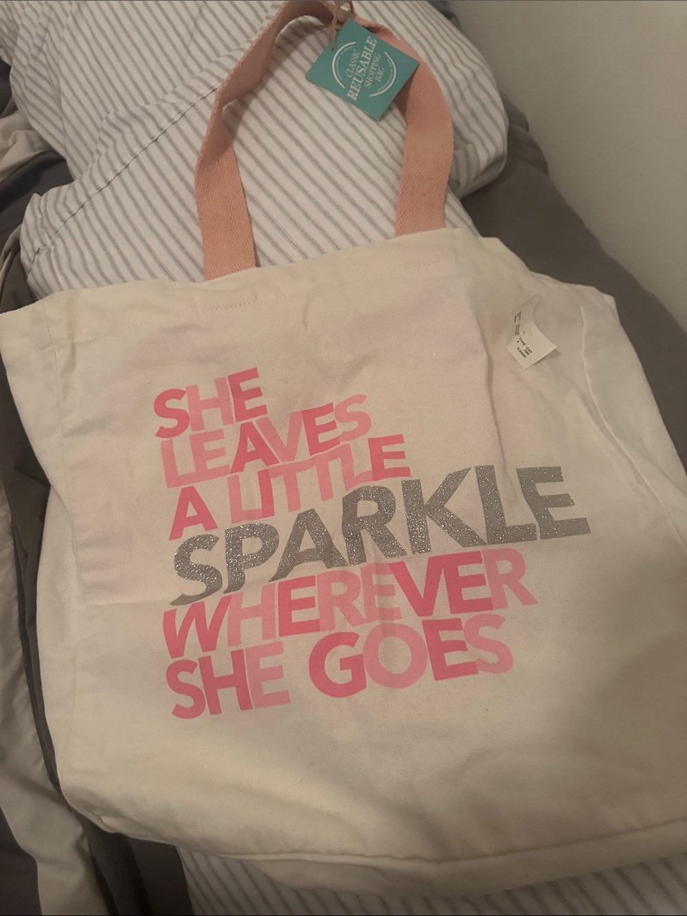 Canvas Tote Bag - Pink Text & Silver Glitter Sparkle BNWT